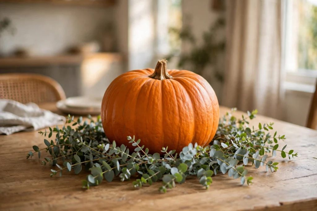 A single orange pumpkin surrounded by a ring of silvery-green eucalyptus stems