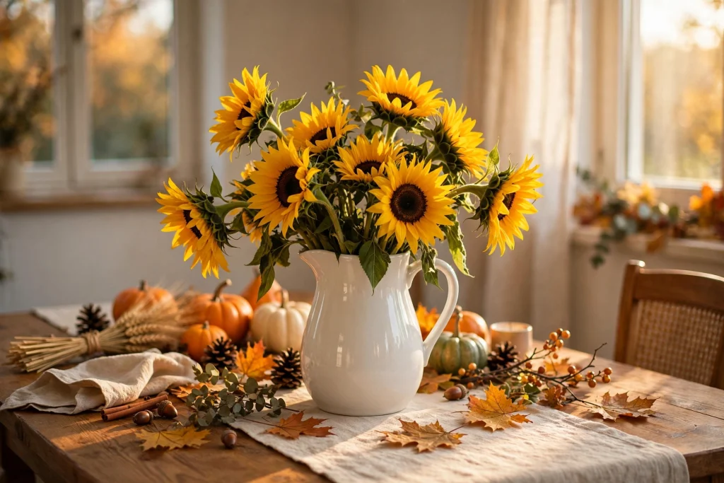 Cheerful grocery-store sunflowers arranged in a water pitcher