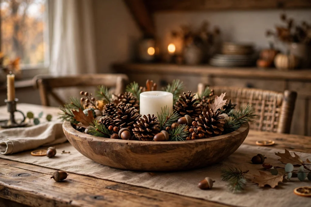 A low bowl filled with pinecones, acorns, and a pillar candle