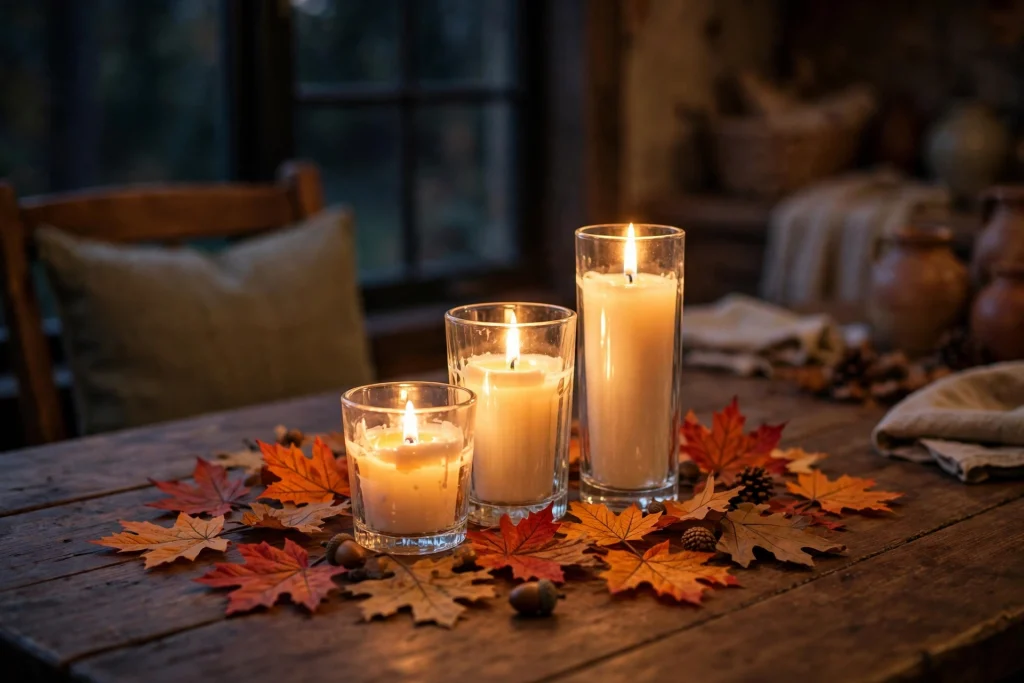Three candle votives of different heights surrounded by scattered faux fall leaves