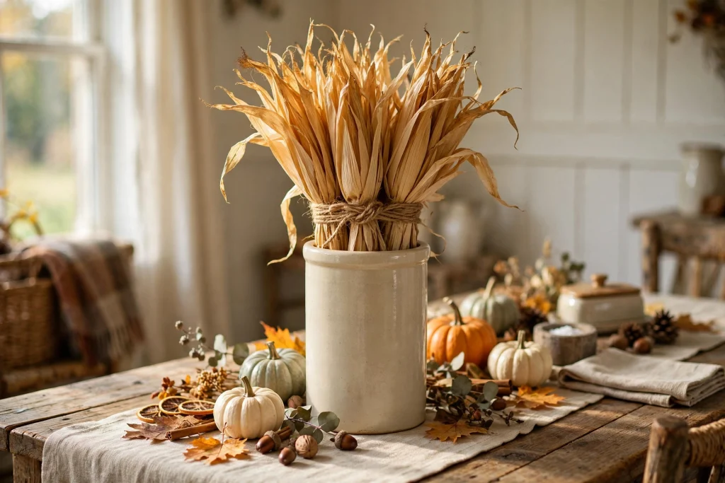 A bundle of dried corn husks tied with twine standing in a tall jar