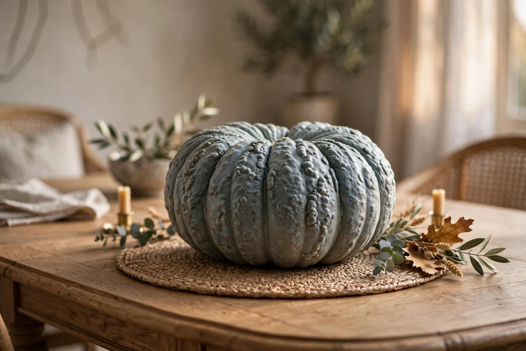A single large heirloom pumpkin on a round woven placemat