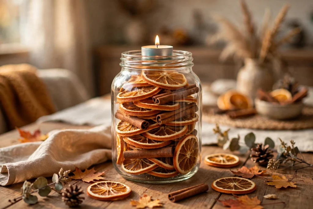 Dried orange slices and cinnamon sticks layered in a clear glass jar