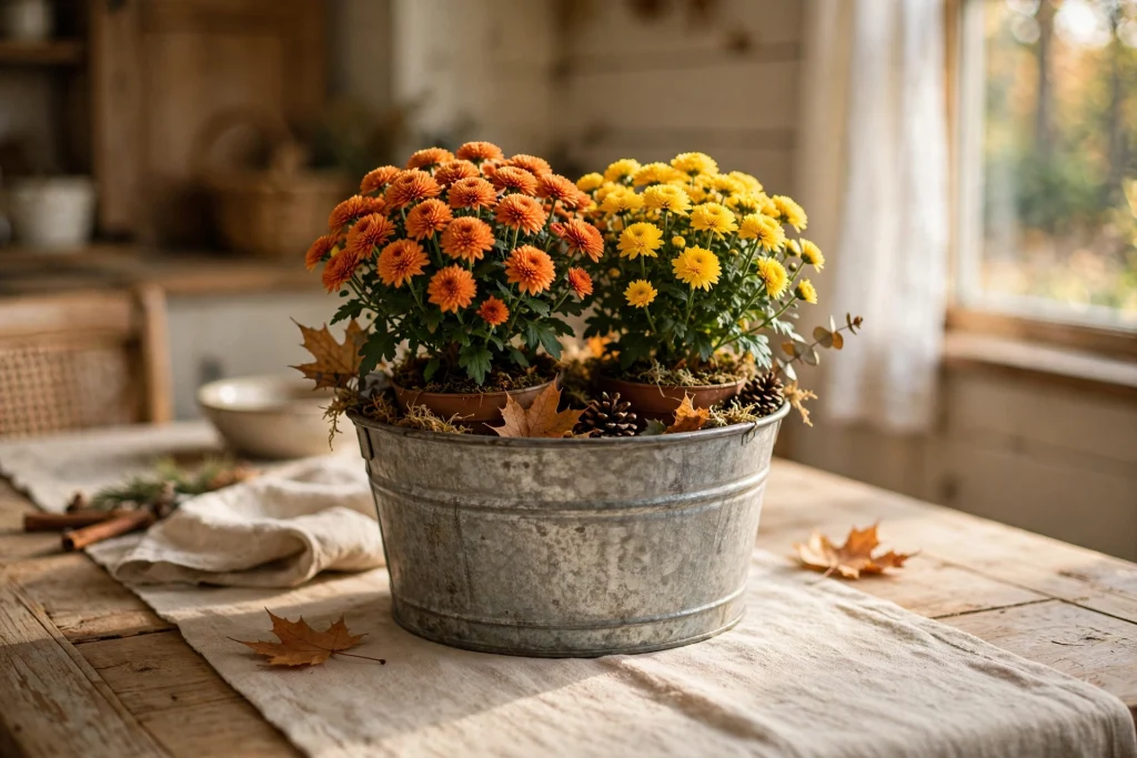 Small potted mums set inside a galvanized metal bucket