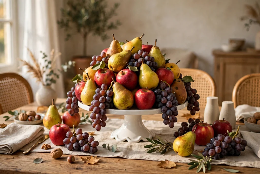 Pears, apples, and grapes piled in a footed bowl for a harvest look