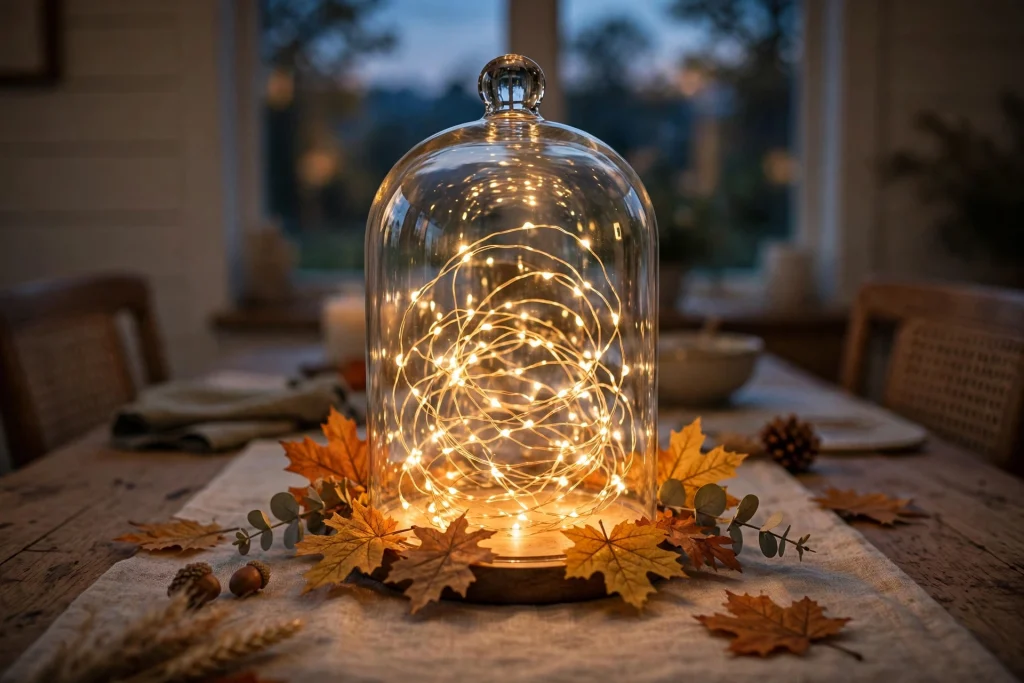 Battery-operated fairy lights glowing inside a glass cloche with faux leaves