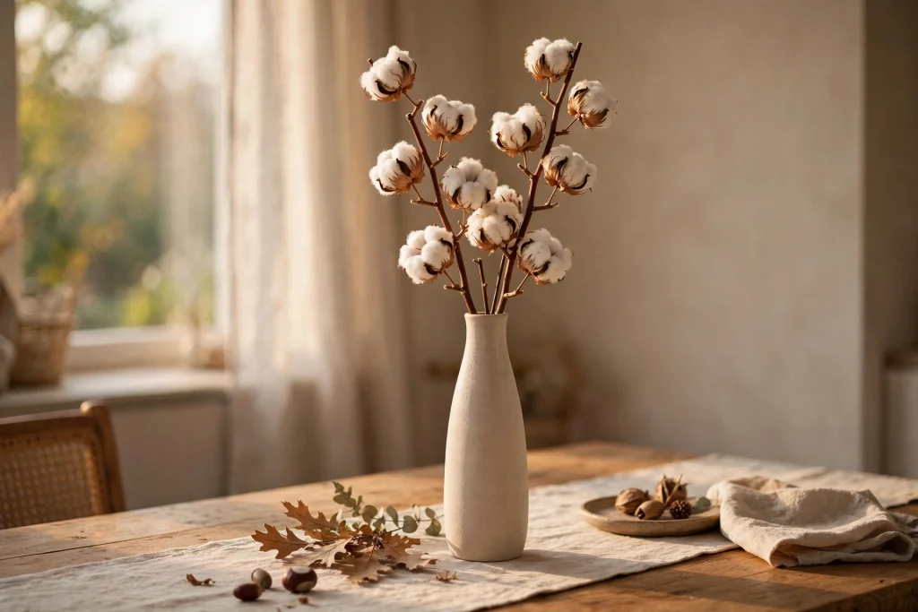 Dried cotton stems standing in a tall, simple vase
