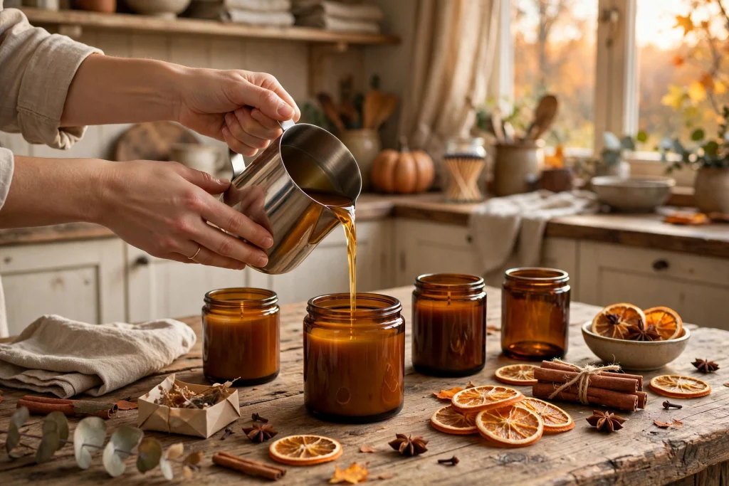 Making fall-scented soy candles with cinnamon and dried oranges