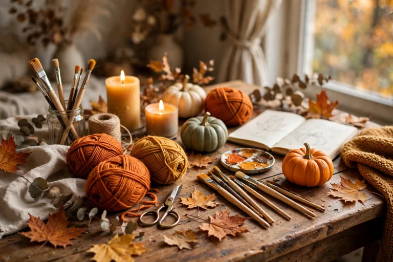Cozy fall crafts for adults — pumpkin painting supplies on a wooden table