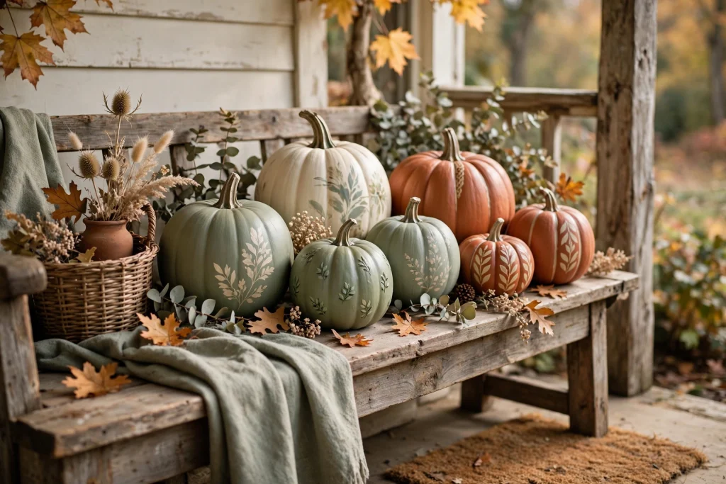 Painted pumpkins in sage green, cream and terracotta — no-carve fall craft for adults