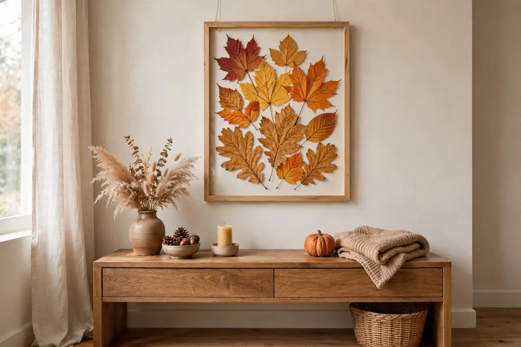 Framed pressed autumn leaf wall art — easy fall craft for adults