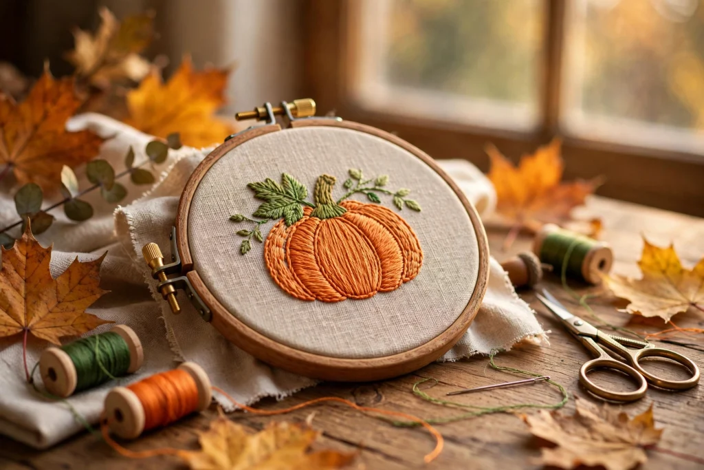 Fall embroidery hoop art with a stitched pumpkin motif