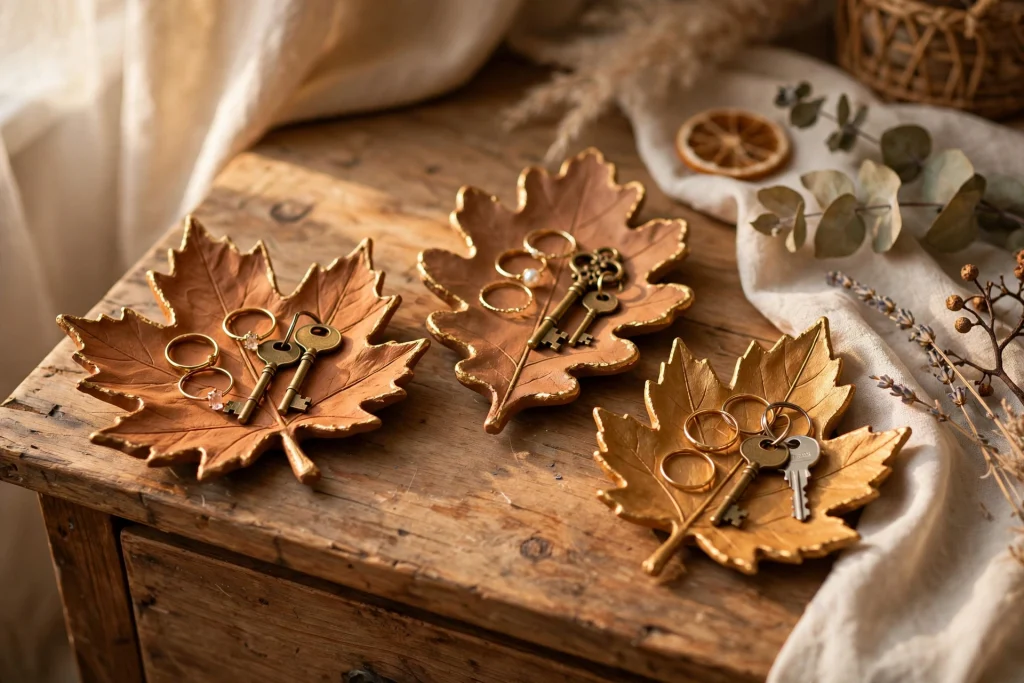 Handmade clay leaf dishes with gold edges — fall craft for adults