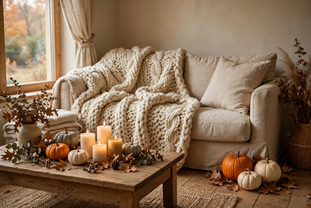 Chunky knit blanket on a cozy sofa — relaxing fall craft
