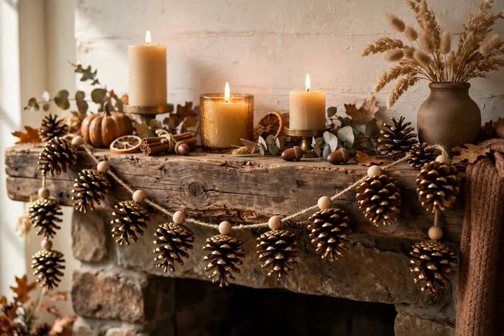 Gold-tipped pinecone garland on a fall mantel