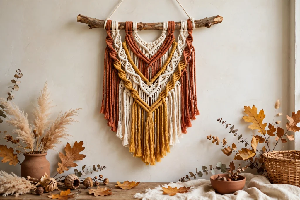 Macrame wall hanging in autumn tones — relaxing fall craft for adults
