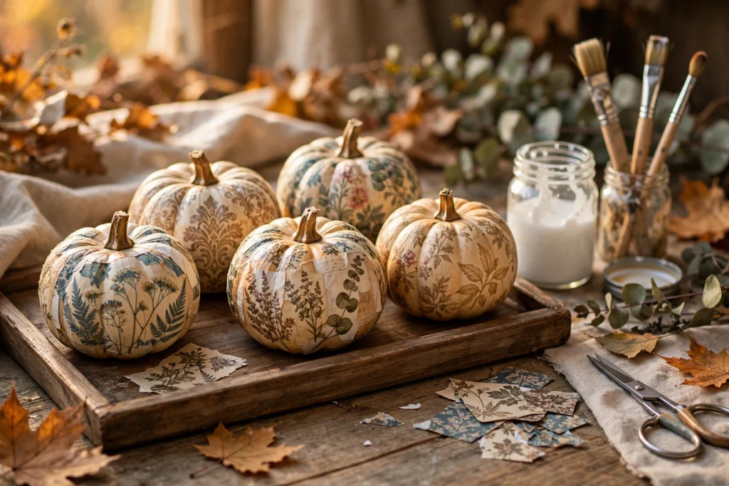Decoupage pumpkins with botanical prints — fall craft for adults