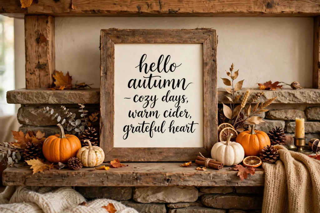 Hand-lettered fall quote in a rustic frame