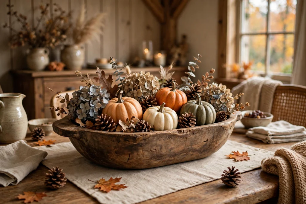Dough bowl fall centerpiece with pumpkins and pinecones