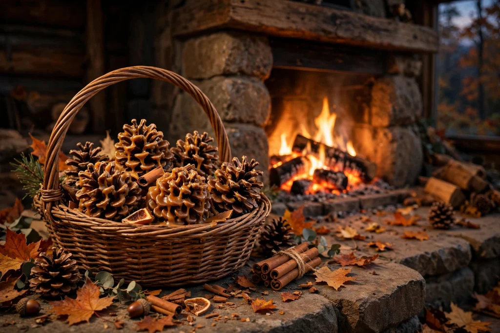 Cinnamon-scented pinecone fire starters in a basket