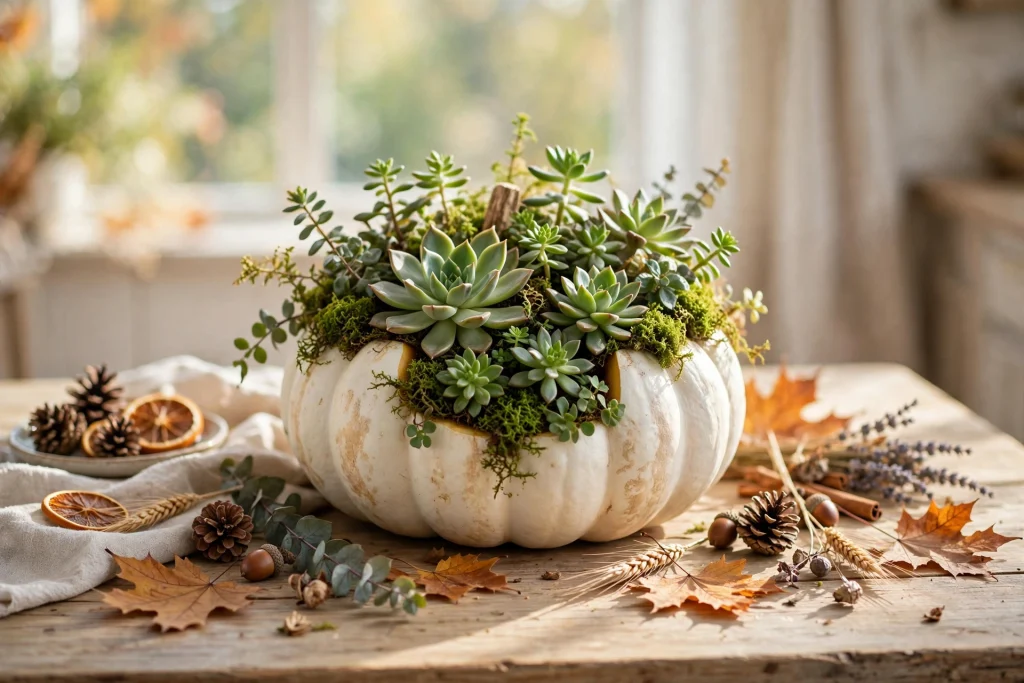 White pumpkin succulent planter — fall craft for adults