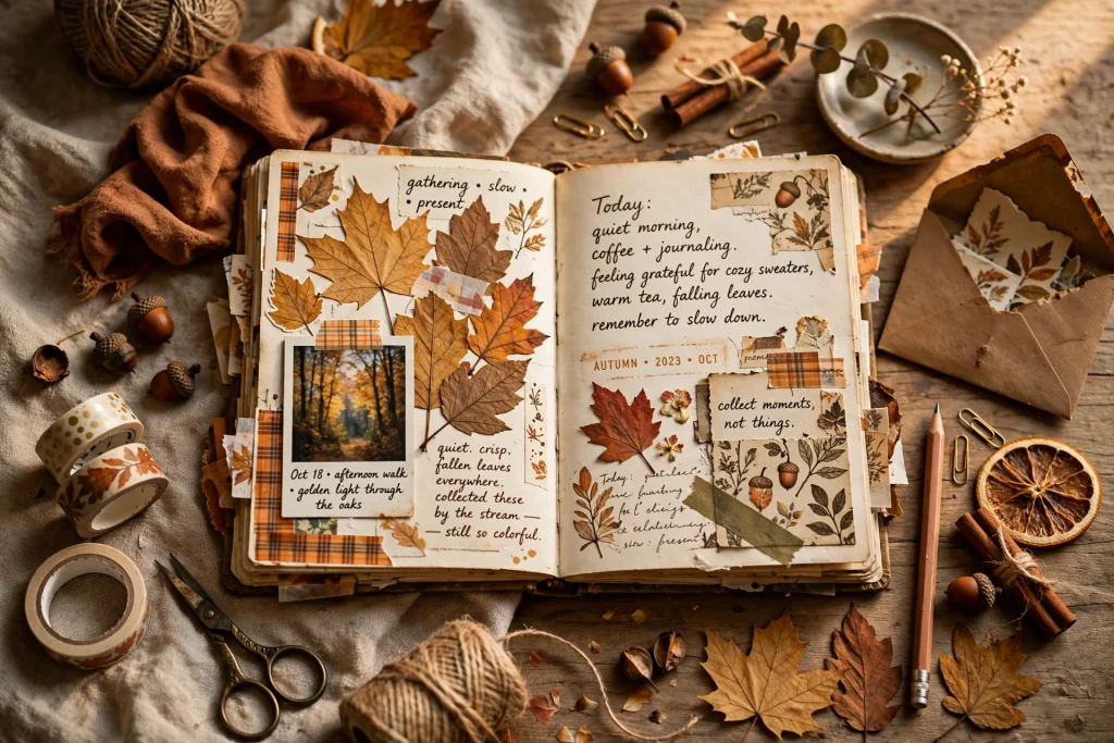 Fall junk journal with pressed leaves and photos