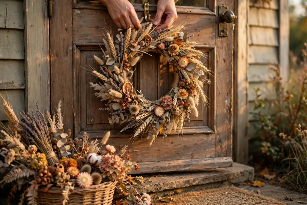 Handmade dried flower fall wreath on a rustic front door