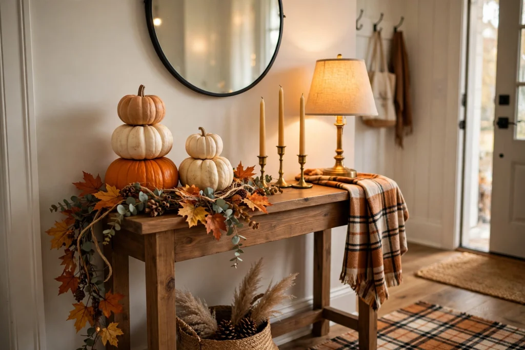 Cozy fall entryway table decorated with stacked pumpkins, a glowing lantern and draped autumn garland