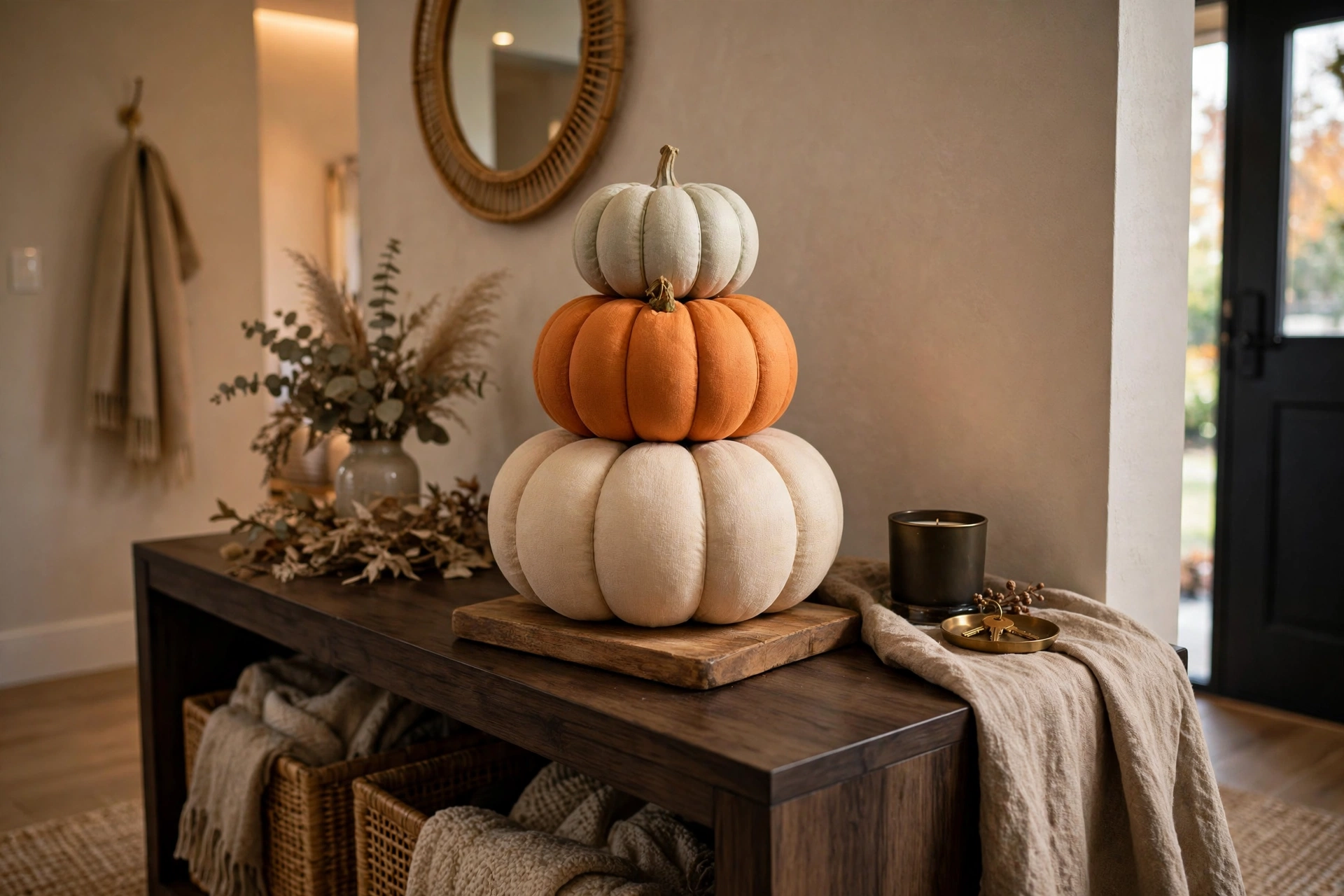 Stacked faux pumpkins in cream, orange and sage on a wooden board atop an entryway console table