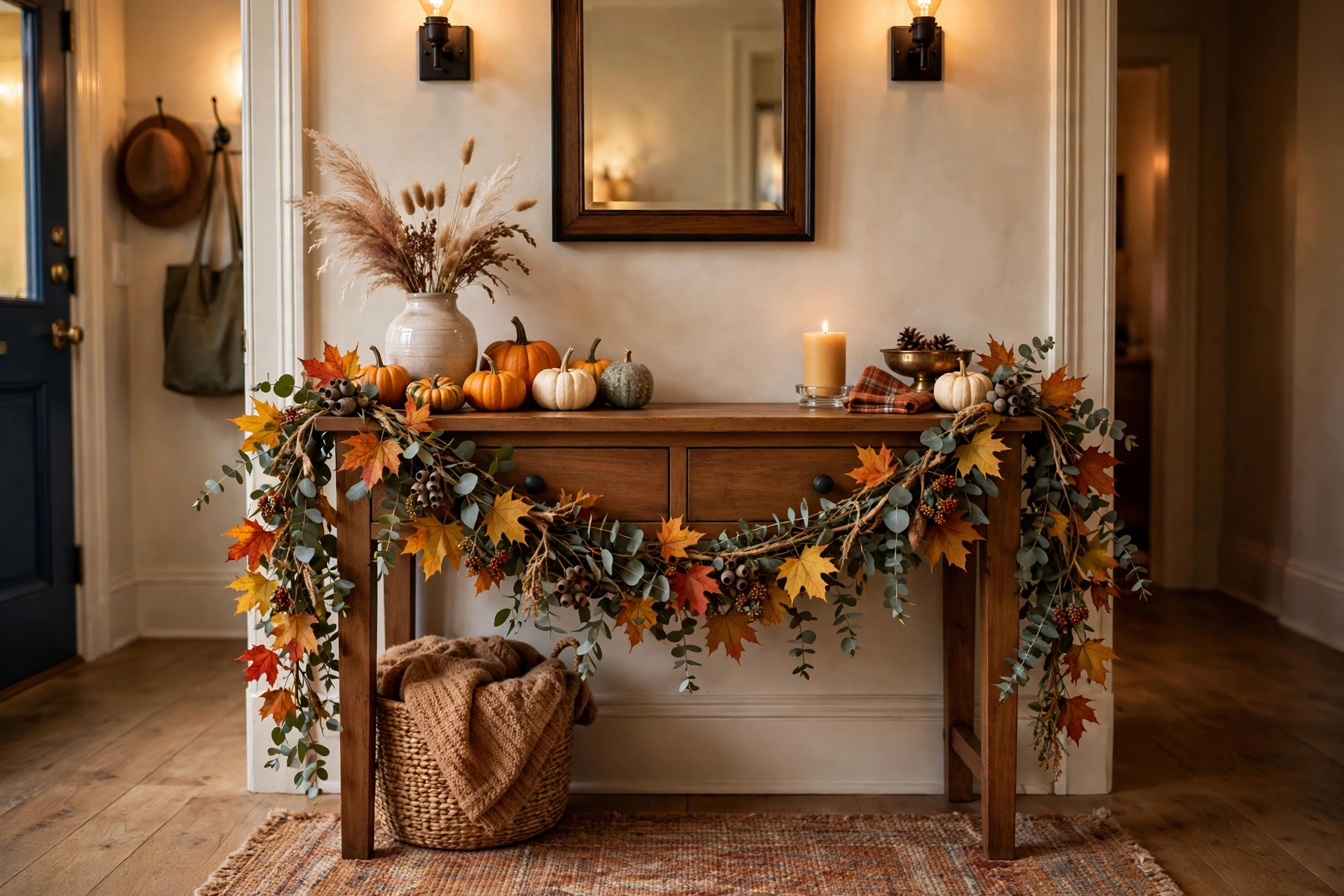 Eucalyptus and maple-leaf autumn garland swagged along an entryway table with mini pumpkins