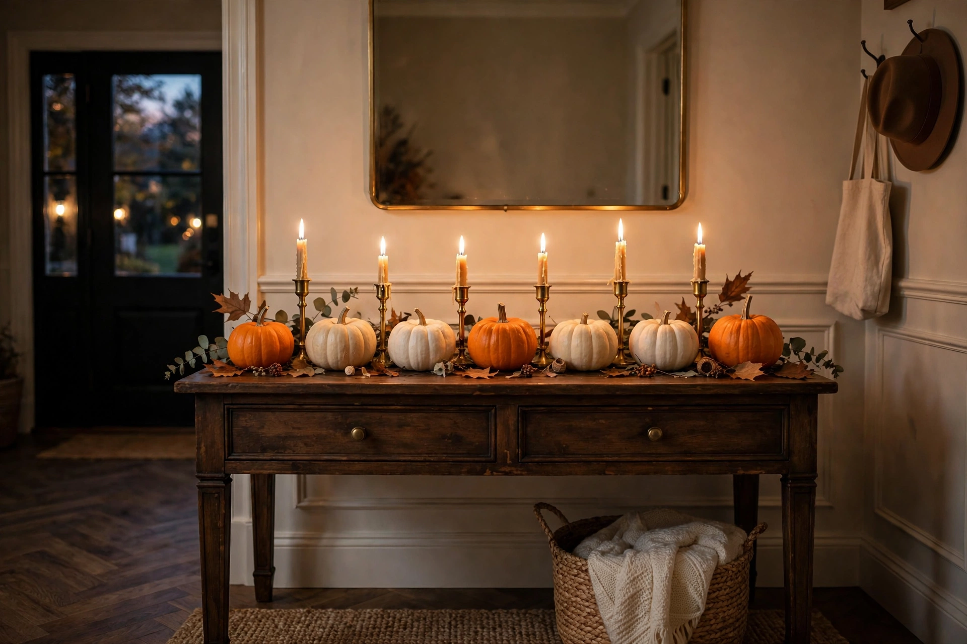 Row of mini pumpkins in alternating colors with brass taper candle holders on a console table