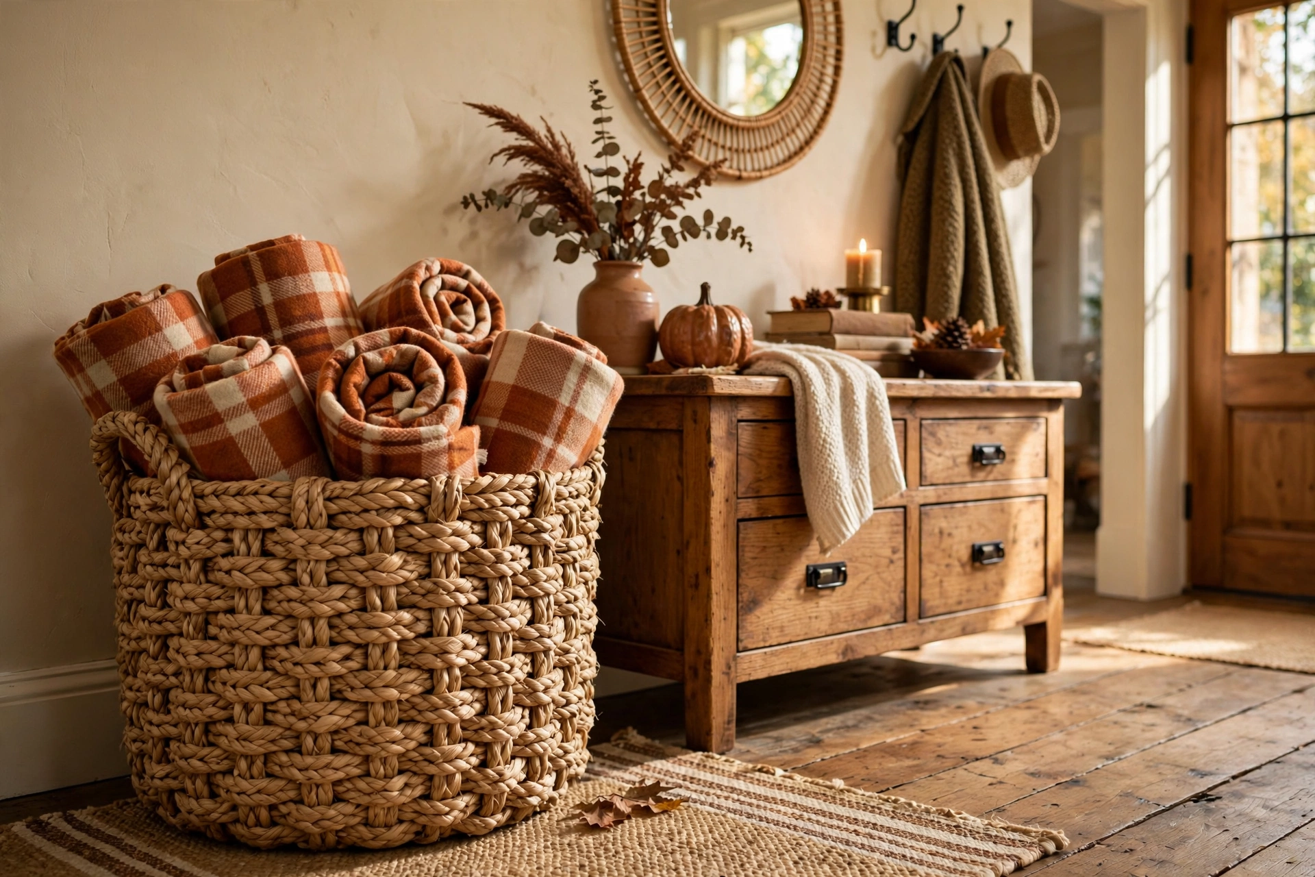 Chunky woven basket filled with rolled plaid throws beside a fall entryway table