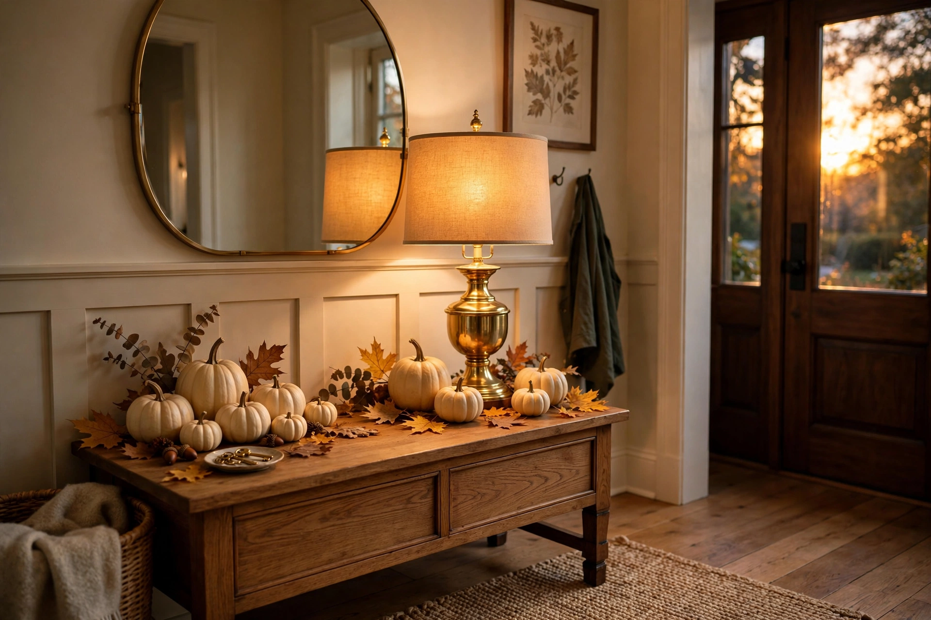 Brass table lamp with warm linen shade glowing on an autumn entryway console