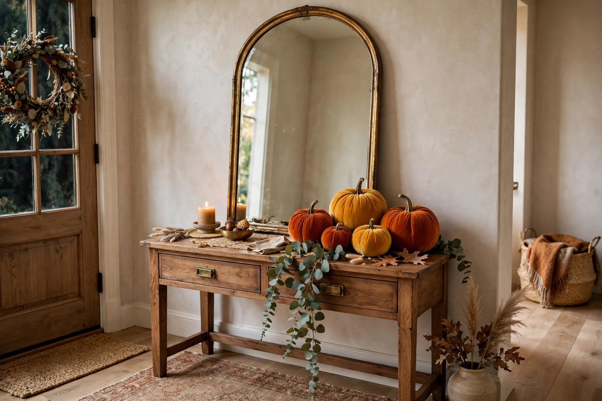 Arched mirror leaning above a console table styled with velvet pumpkins and a trailing vine