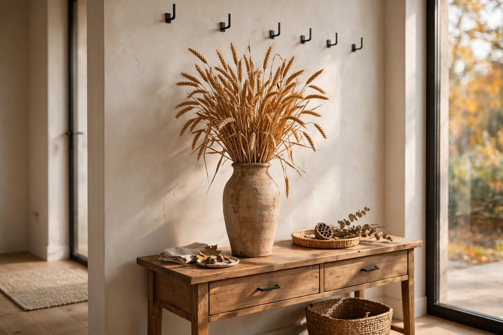 Tall ceramic vase with dried wheat stalks on a fall entryway table