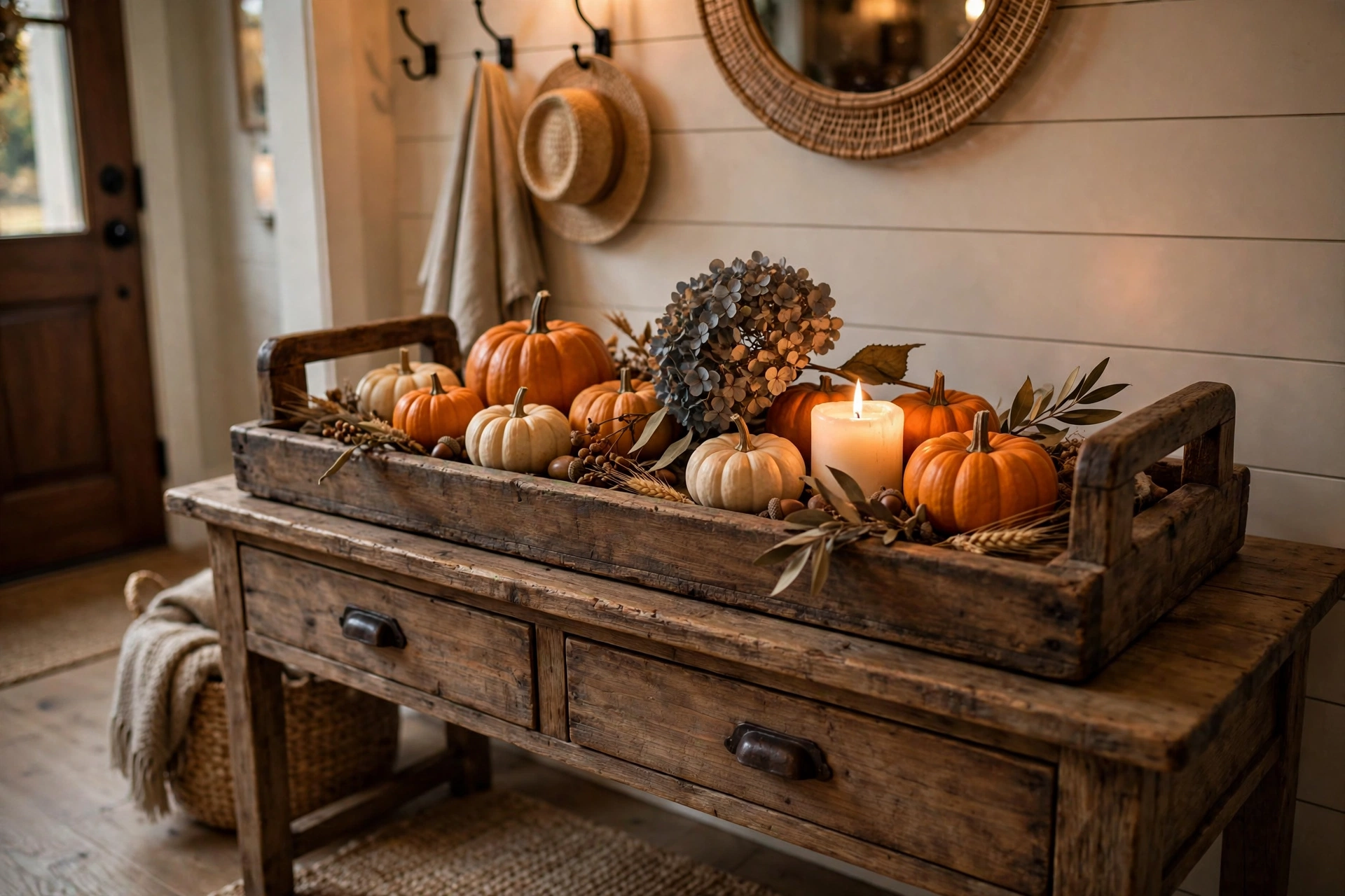 Rustic wooden tray centerpiece with small pumpkins, a candle and dried hydrangea
