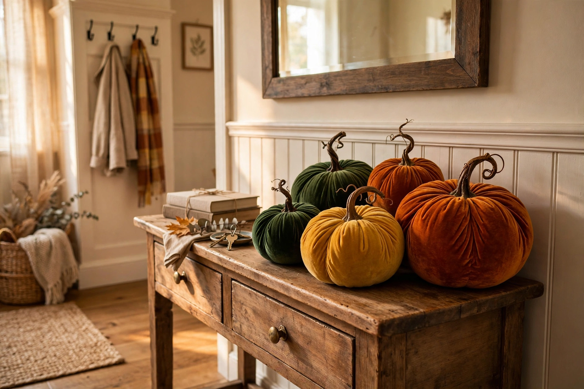 Cluster of velvet pumpkins in burnt orange, mustard and forest green on a table corner