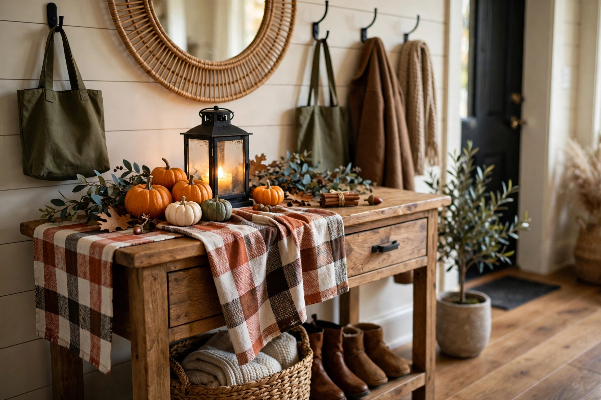Plaid table runner in rust, cream and charcoal on a fall console table