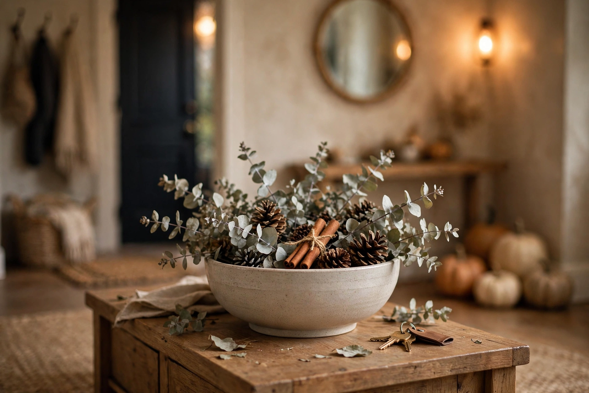 Low bowl with dried eucalyptus, pinecones and cinnamon sticks as a fall centerpiece