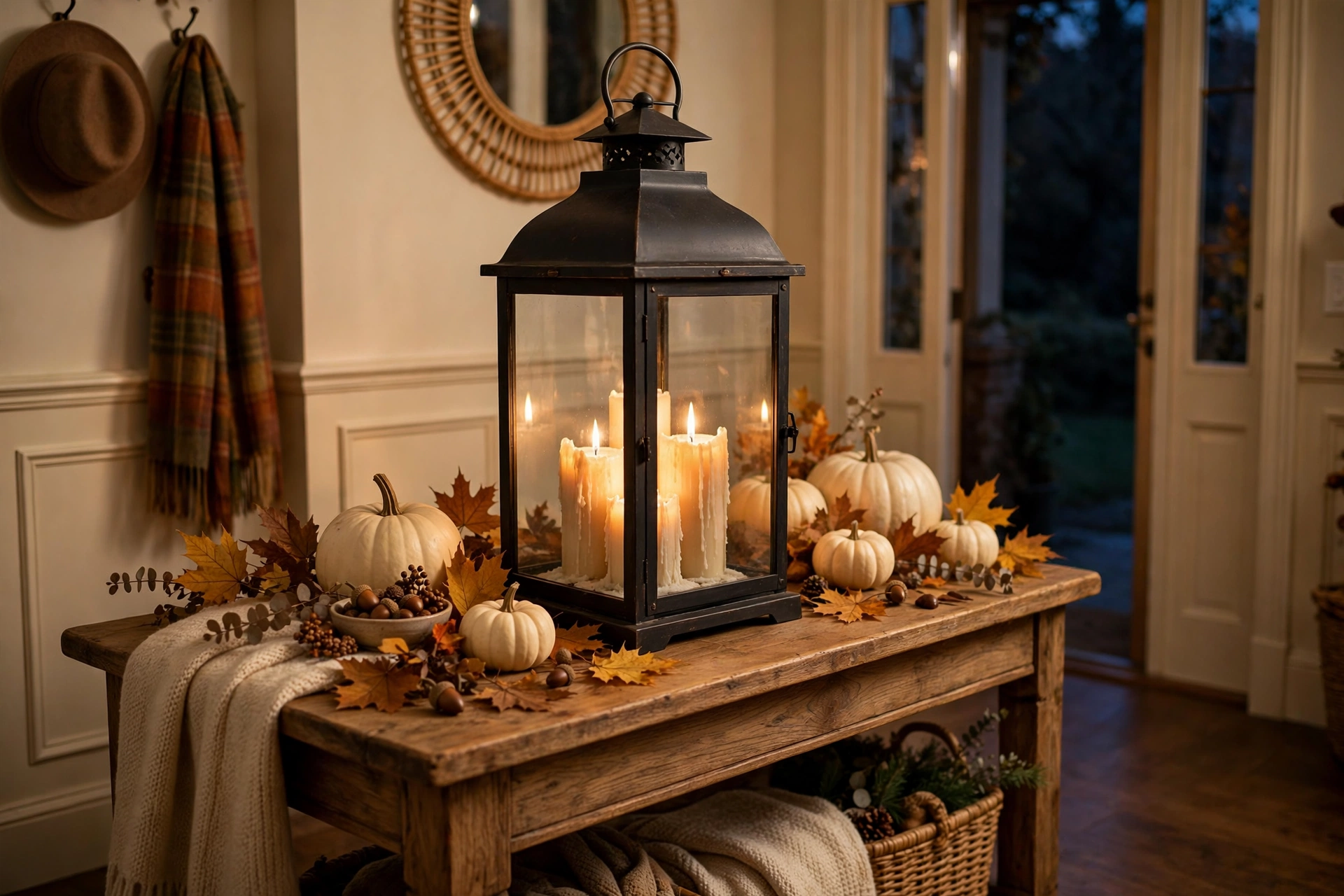 Large lantern with flickering pillar candles on an entryway table