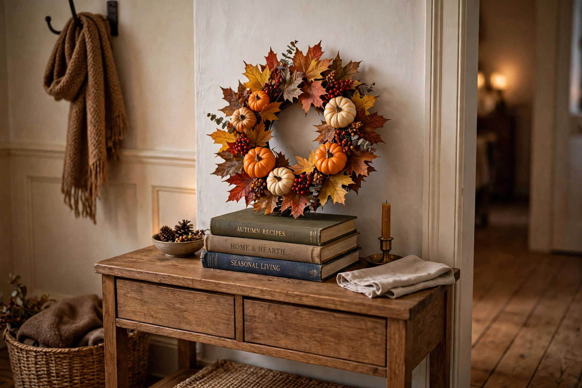 Small autumn wreath with maple leaves and berries propped on a tabletop