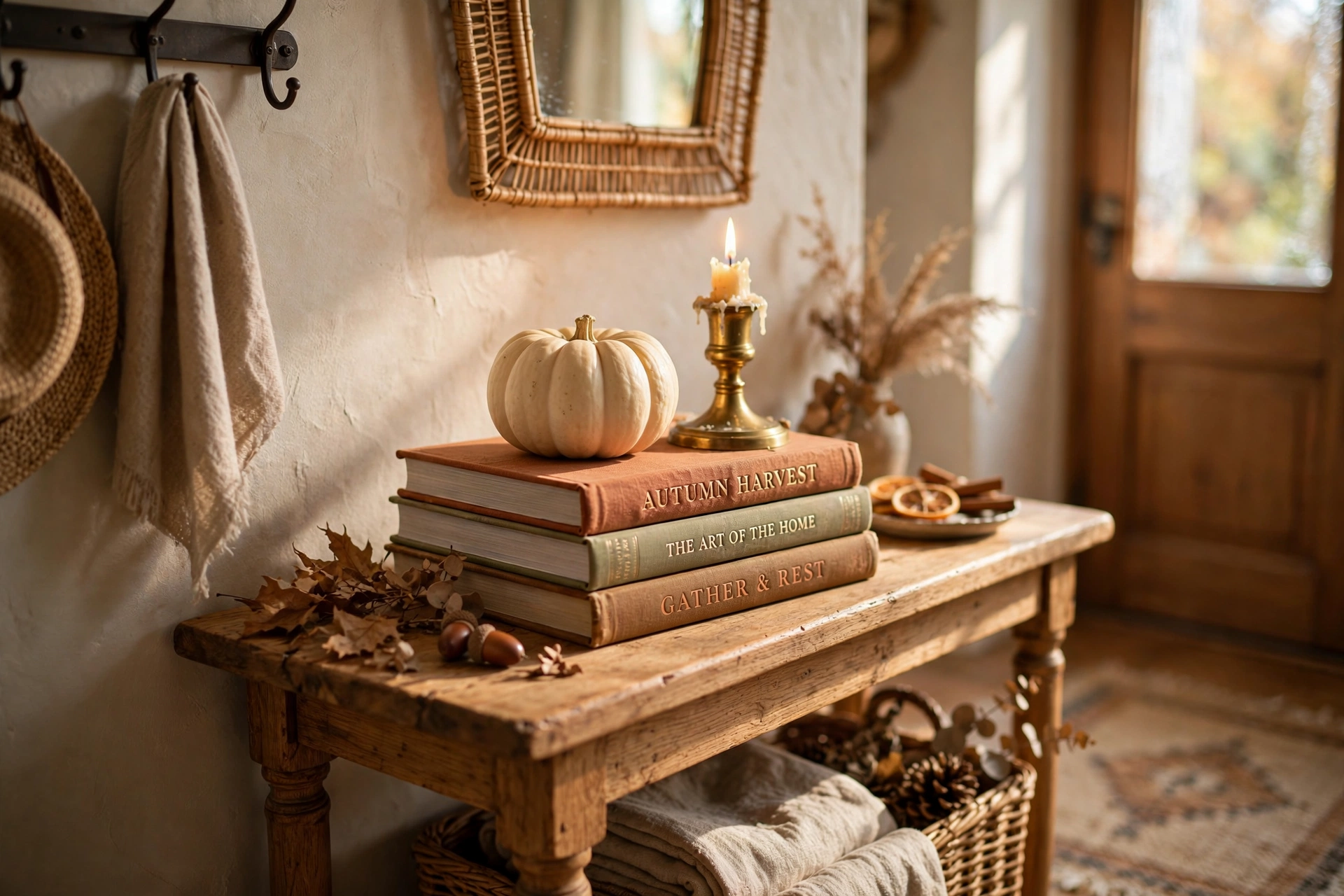 Stack of coffee table books with a small pumpkin and candle topper on an entryway table