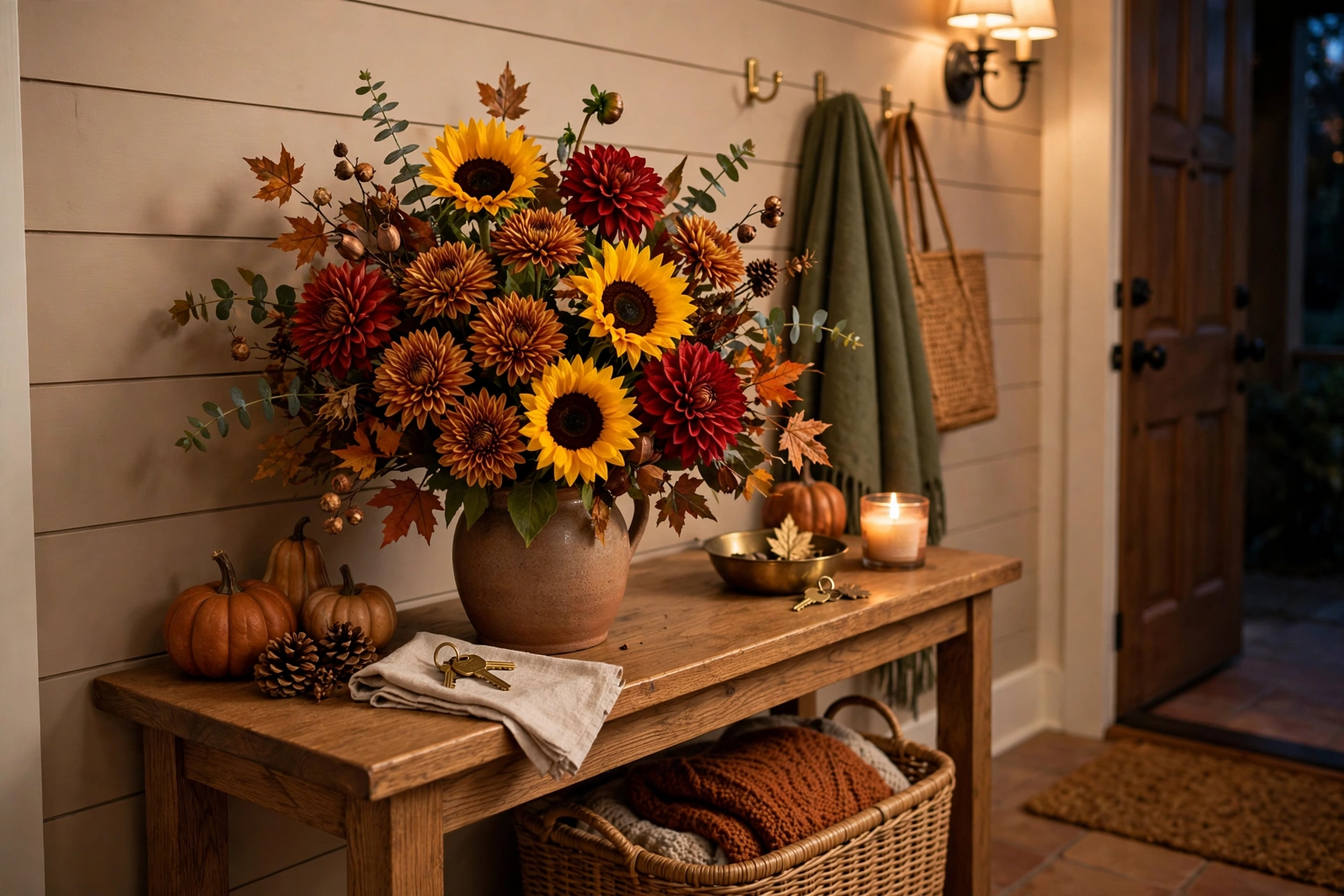 Vase of sunflowers, mums and rust-colored dahlias on a fall entryway table