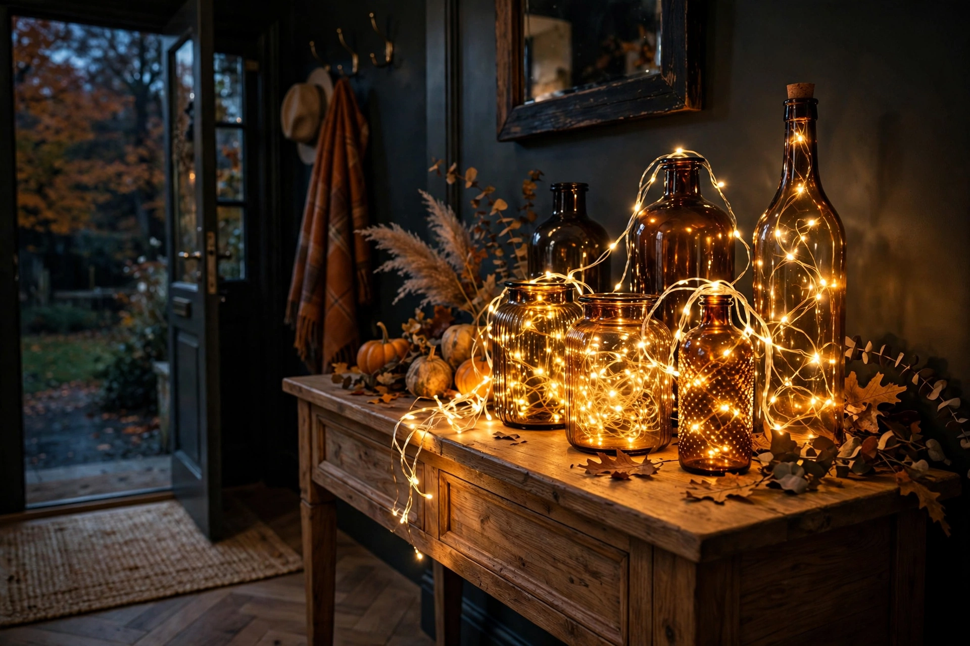 Cluster of amber glass bottles with warm fairy lights on an entryway table
