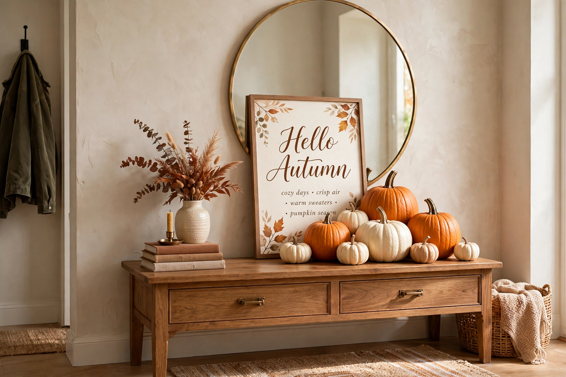 Framed Hello Fall art print layered behind pumpkins on an entryway console