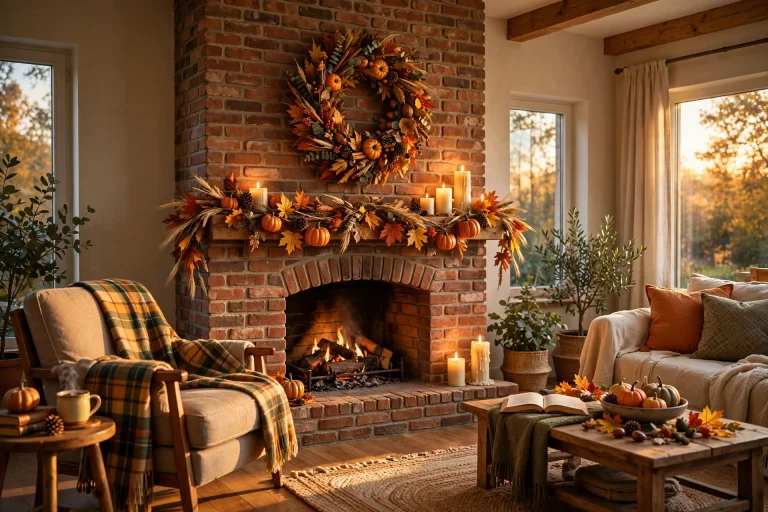 Cozy living room with a fall-decorated fireplace, pumpkin garland and candles