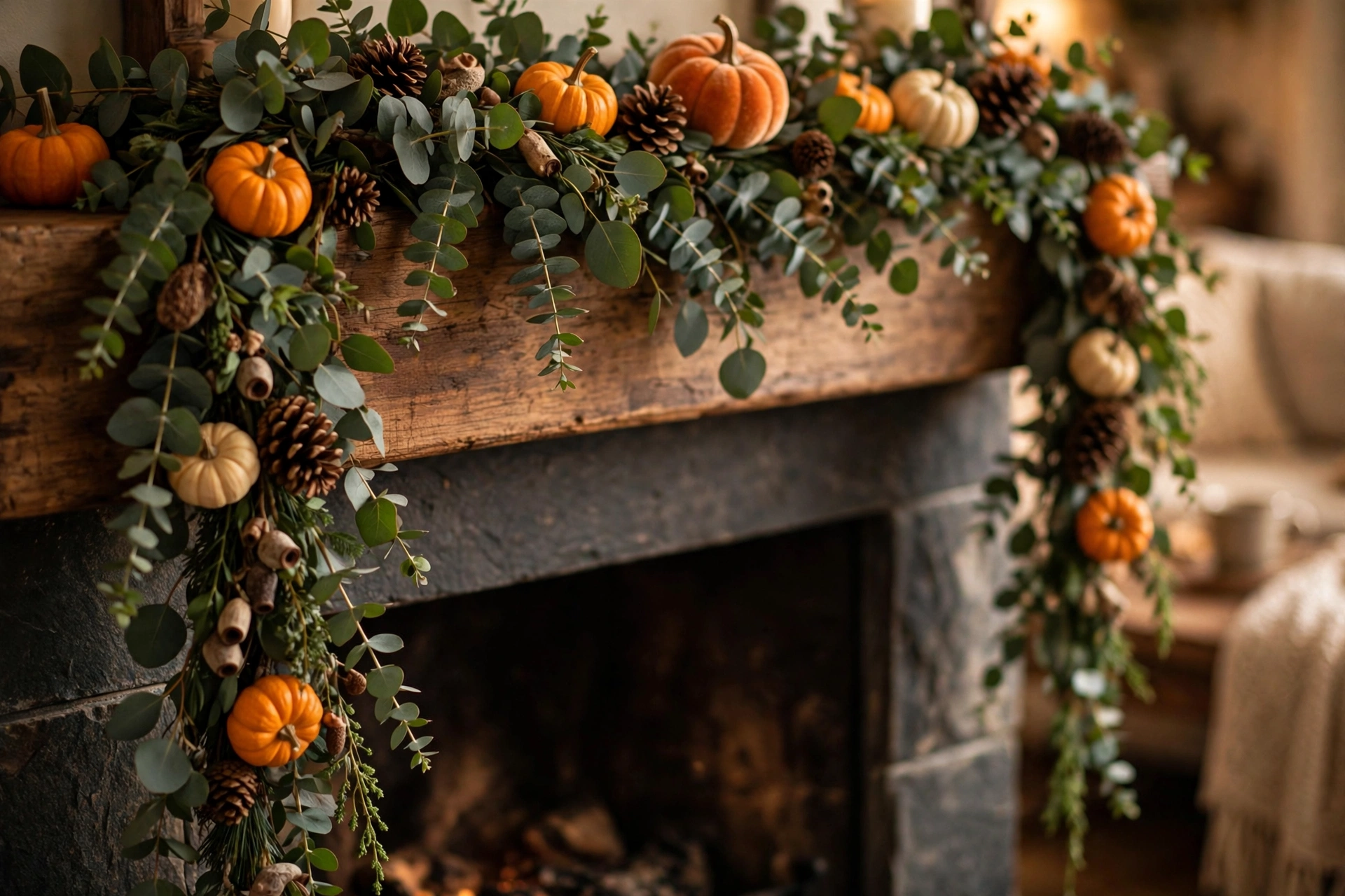 Eucalyptus and pumpkin garland on a fall fireplace mantel