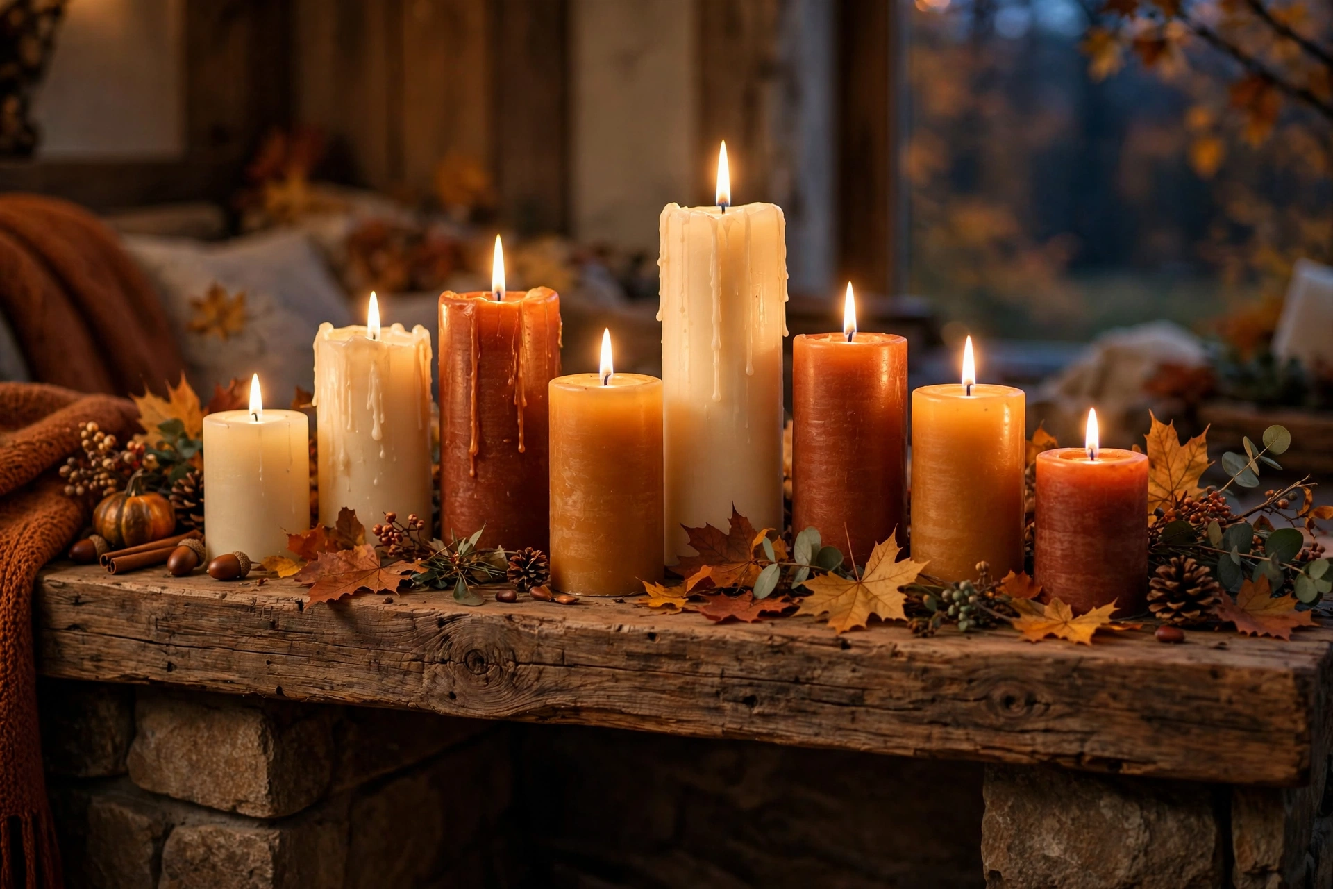 Pillar candles at varied heights on a fall mantel