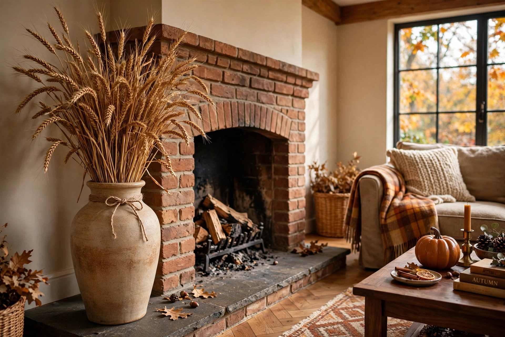 Dried wheat stalks in a tall vase beside a fireplace