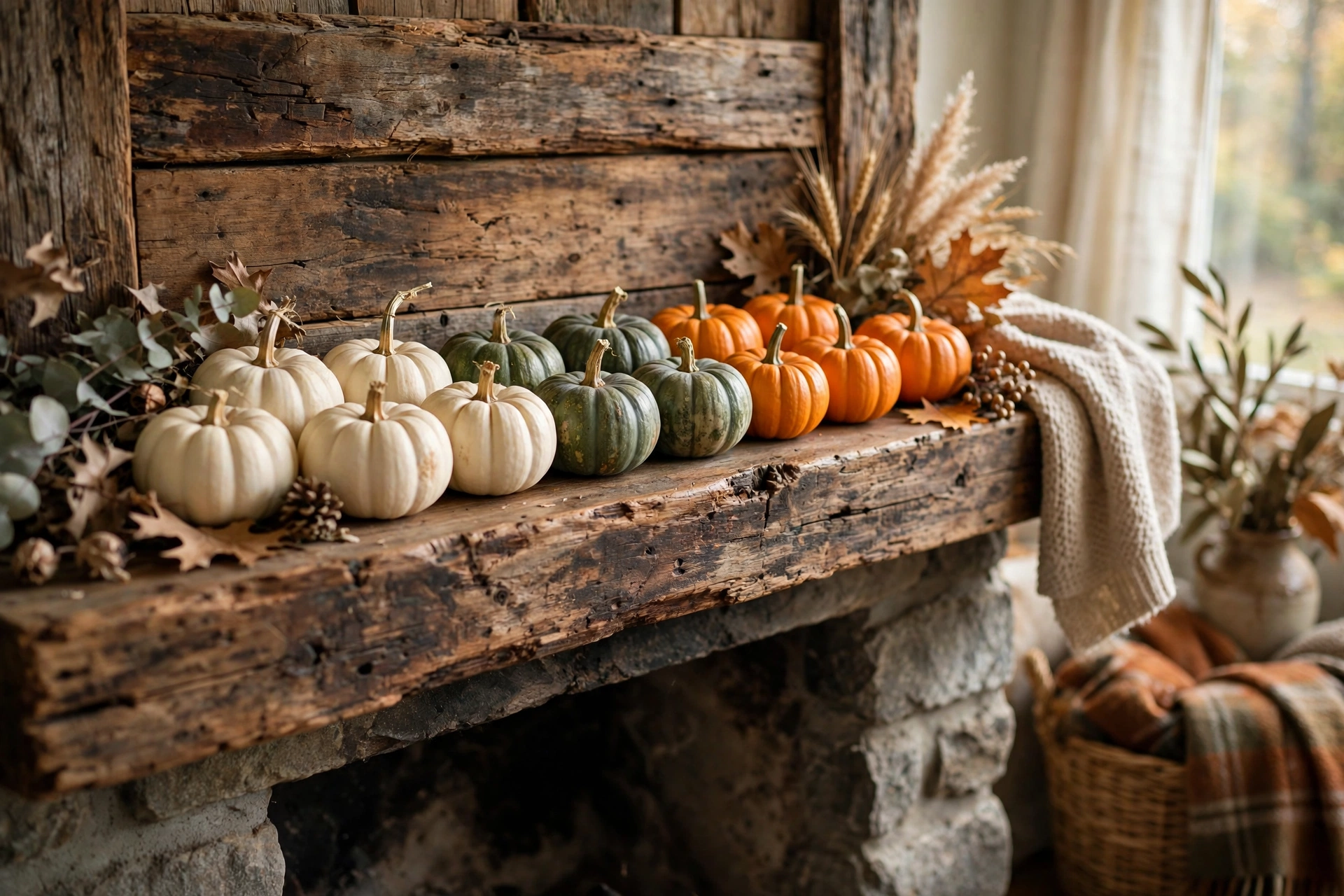 Mini pumpkins lined along a fall fireplace mantel